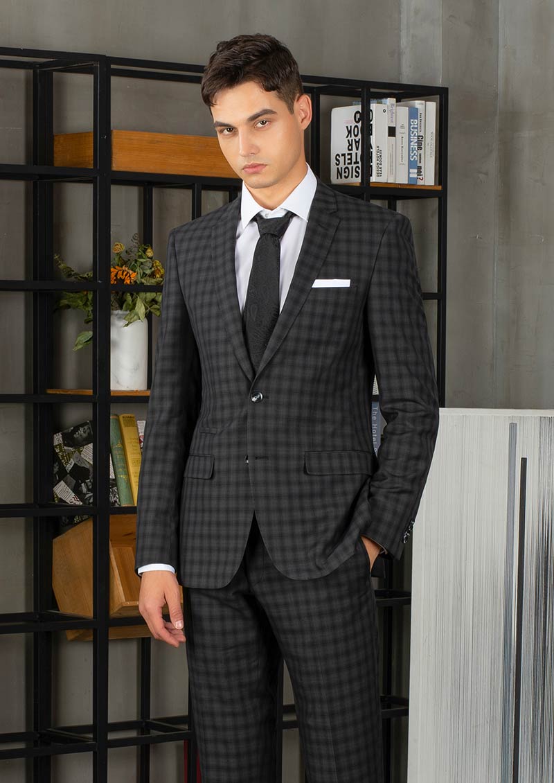 Black-blue 2-ply wool with blue check suit | Icon Custom Suits